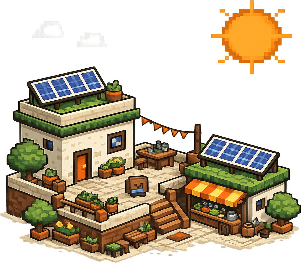 Pixel-art rooftop scene — an Indian house and storefront with solar panels under an amber sun